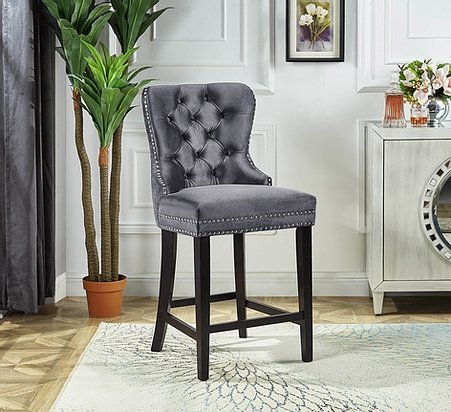 Grey Velvet Plush Cushioned Barstool - IF-ST-6010