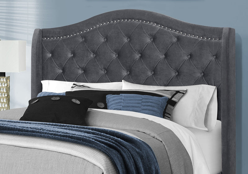 Bed - Queen Size / Dark Grey Velvet With Chrome Trim - I 5968Q