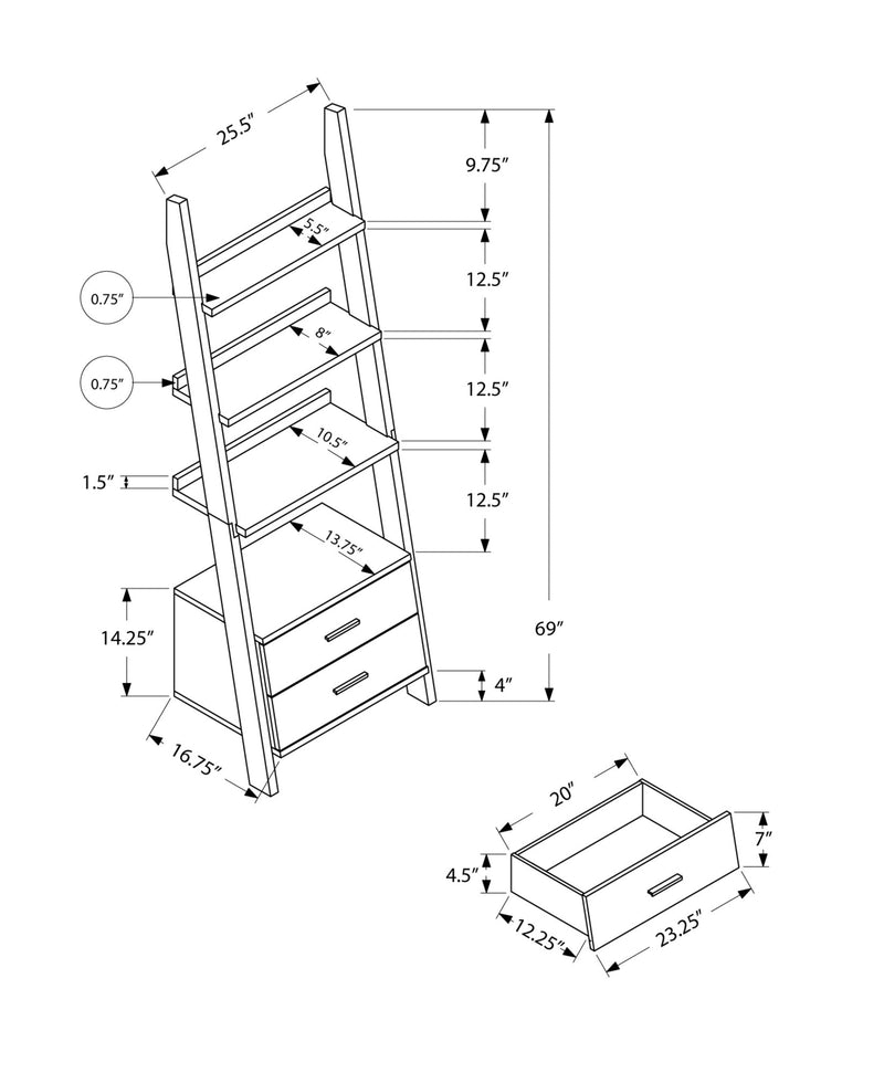 Bookcase - 69"H / White Ladder With 2 Storage Drawers - I 2562