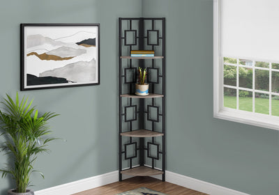 Bookcase - 62"H / Dark Taupe / Black Metal Corner Etagere - I 3611