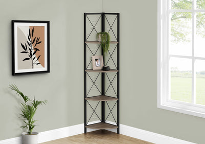 Bookcase - 60"H / Dark Taupe / Black Metal Corner Etagere - I 3648