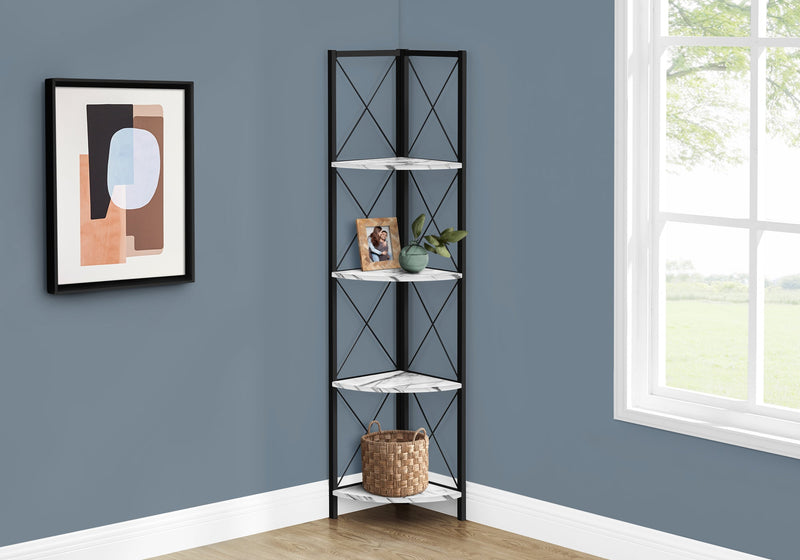 Bookcase - 60"H / White Marble / Black Metal Corner - I 3651