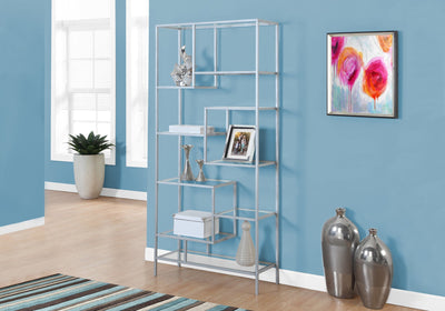 Bookcase - 72"H / Silver Metal With Tempered Glass - I 7158