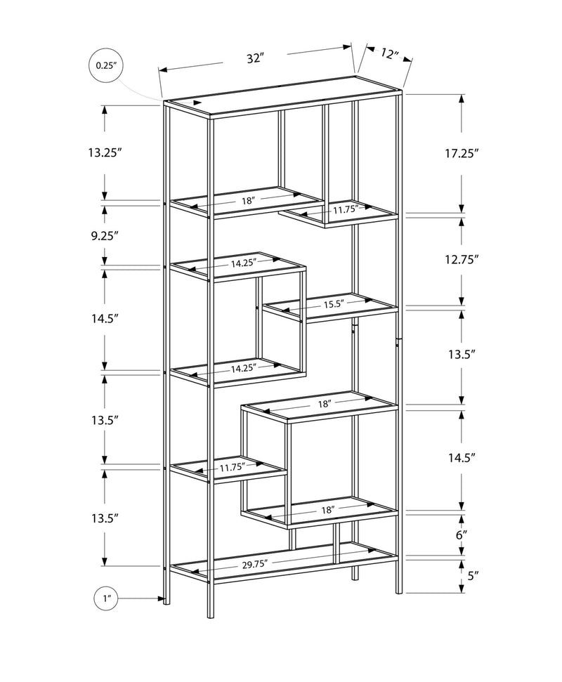 Bookcase - 72"H / White Metal With Tempered Glass - I 7159