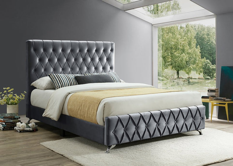 Grey Velvet Bed with Diamond Pattern Button Details and Chrome Legs