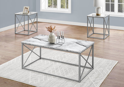 Table Set - 3Pcs Set / White Marble / Silver Metal - I 7953P