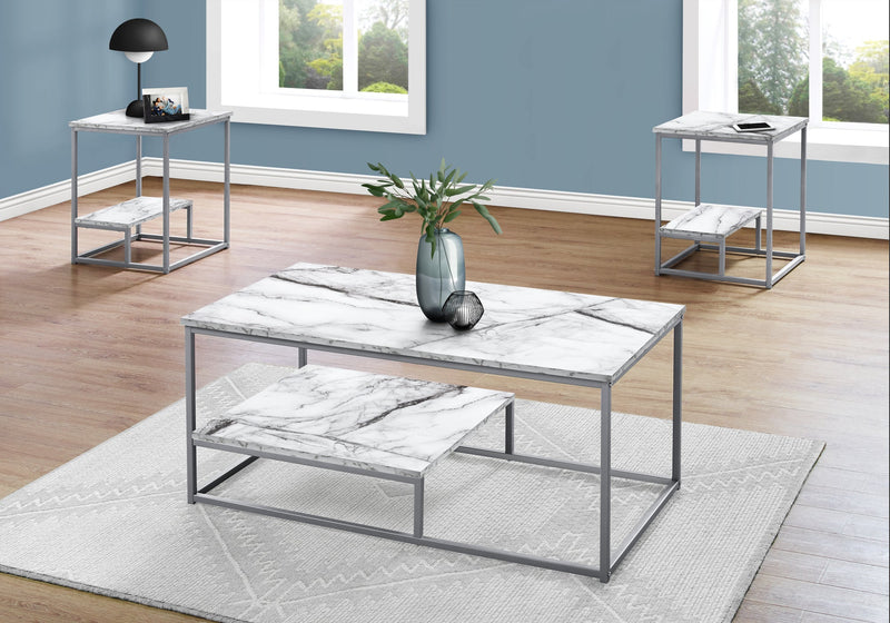 Table Set - 3Pcs Set / White Marble / Silver Metal - I 7963P