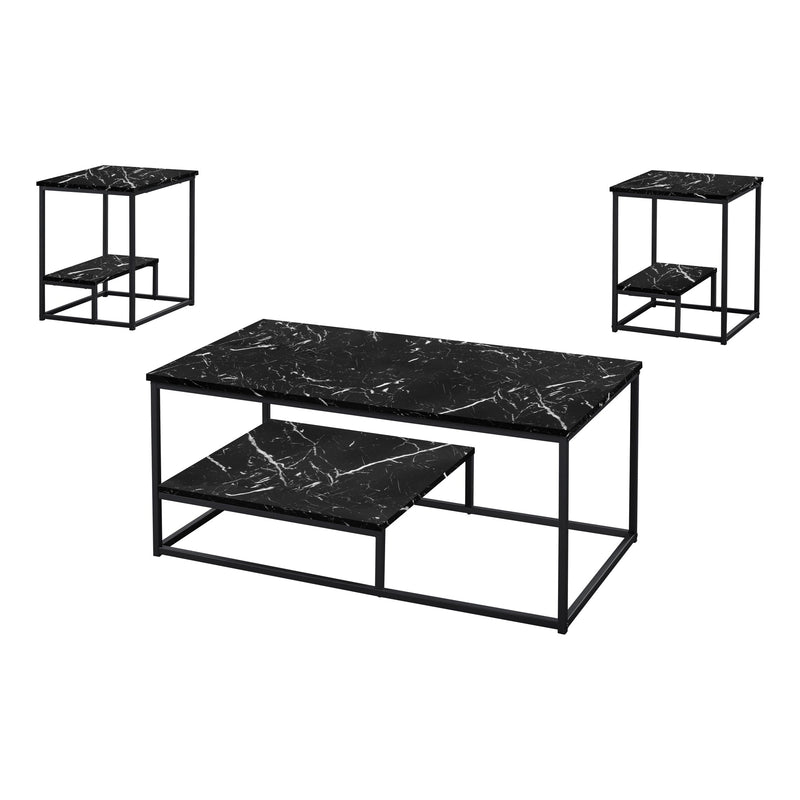 Table Set - 3Pcs Set / Black Marble / Black Metal - I 7964P