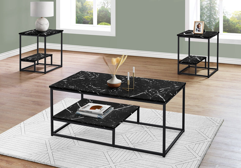 Table Set - 3Pcs Set / Black Marble / Black Metal - I 7964P