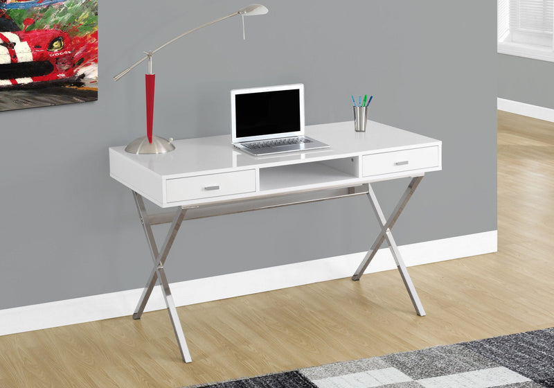 Computer Desk - 48"L / Glossy White / Chrome Metal - I 7211