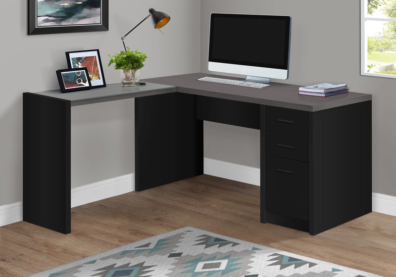 Computer Desk - Black / Grey Top Corner W/ Tempered Glass - I 7431