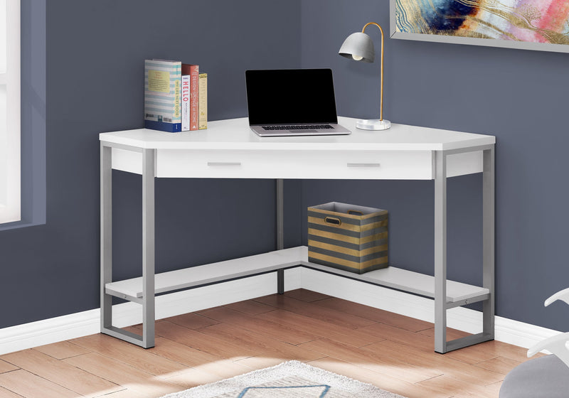 Computer Desk - 42"L / White Corner / Silver Metal - I 7500