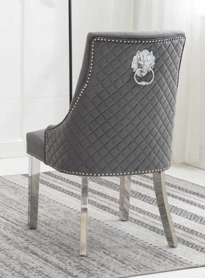 Grey Velvet Dining Chair with Deep Tufting and Lion Knocker - IF-C-1250