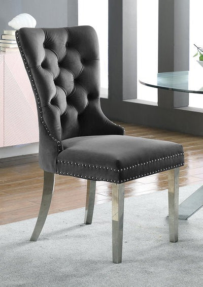 Grey Velvet Dining Chair with Deep Tufting and Chrome Knocker - IF-C-1260