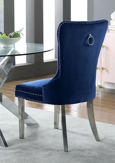 Blue Velvet Dining Chair with Deep Tufting and Chrome Knocker - IF-C-1262