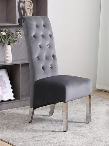 Grey Velvet Dining Chair with Lion Knocker and Chrome Legs - IF-C-1270