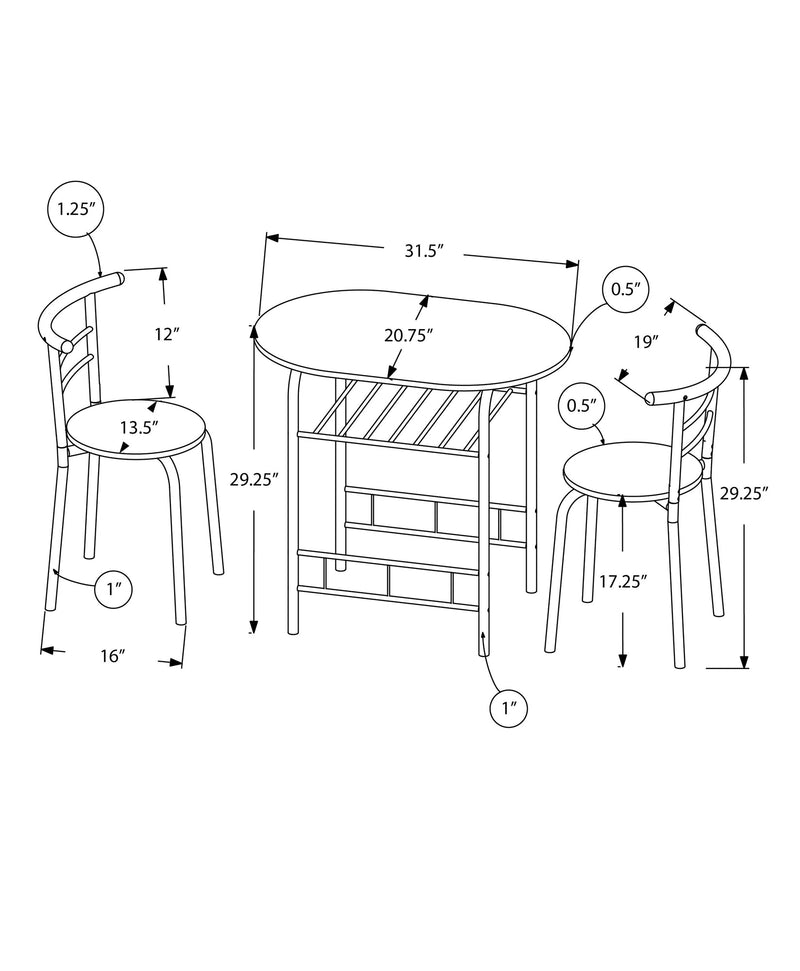 Dining Set - 3Pcs Set / Dark Taupe Top / Black Metal - I 1206