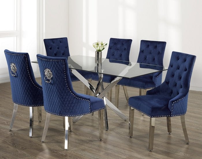 Glass Table With Swiveled Chrome Legs and Blue Velvet Dining Chairs with Lion Knocker - IF-T-1448-C-1252-7PCS