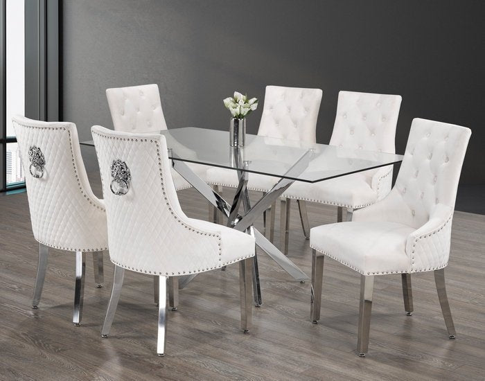 Glass Table With Swiveled Chrome Legs and Creme Velvet Dining Chairs with Lion Knocker - IF-T-1448-C-1253-7PCS