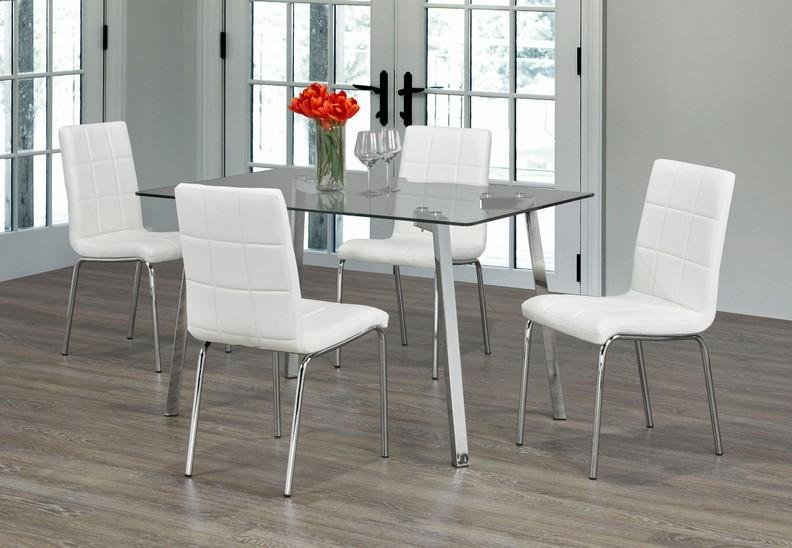 Compact Clear Glass Table Top With Chrome Legs and 4 Legged White Upholstered Chairs - IF-T-5065-C-1761