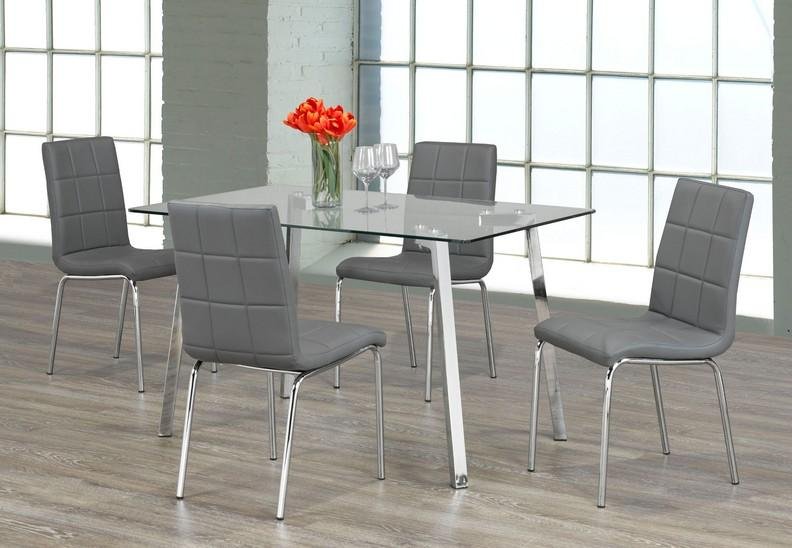 Compact Clear Glass Table Top With Chrome Legs and 4 Legged Grey Upholstered Chairs - IF-T-5065-C-1762