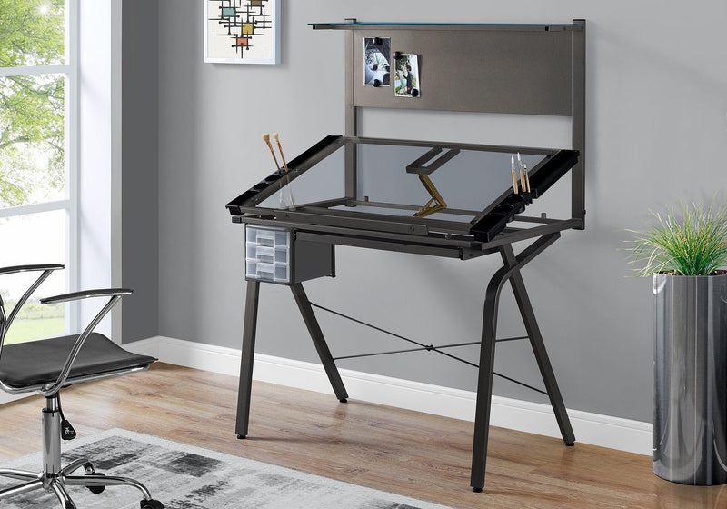 Drafting Table - Adjustable / Grey Metal / Tempered Glass - I 7034