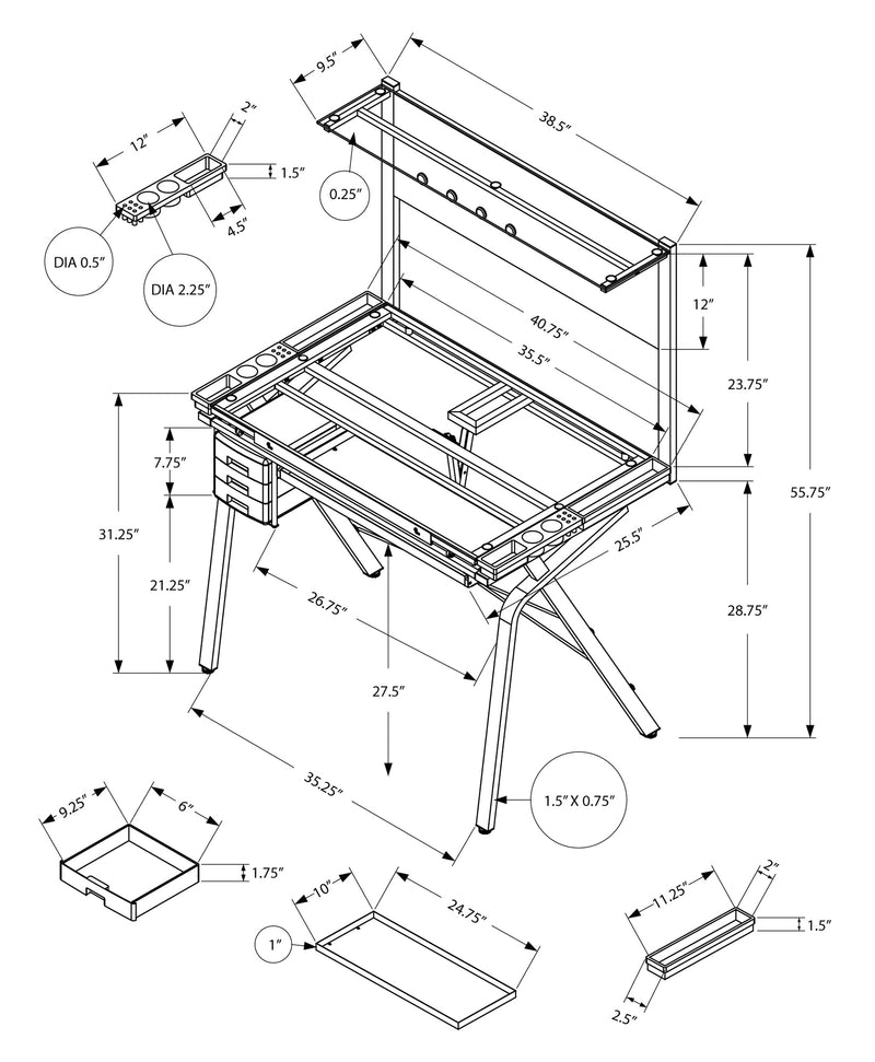 Drafting Table - Adjustable / Grey Metal / Tempered Glass - I 7034