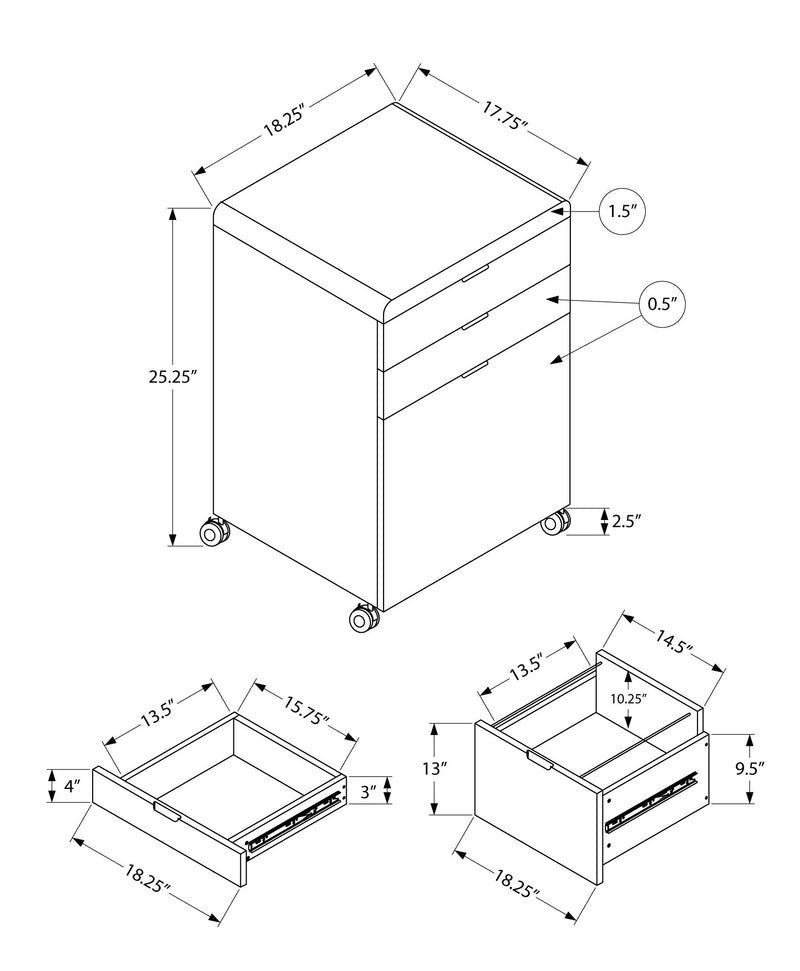 Filing Cabinet - 3 Drawer / High Glossy White / Castors - I 7583