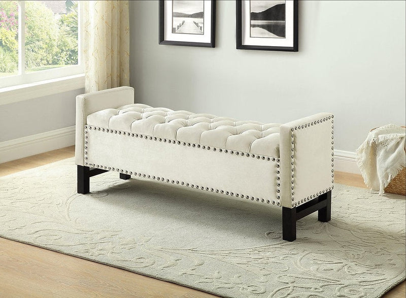 Decked Out Storage Bench In Creme Velvet Fabric With Nailhead Trim - IF-6402