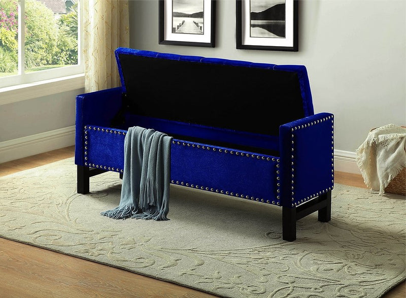 Decked Out Storage Bench In Blue Fabric With Nailhead Trim - IF-6406