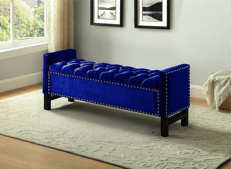 Decked Out Storage Bench In Blue Fabric With Nailhead Trim - IF-6406