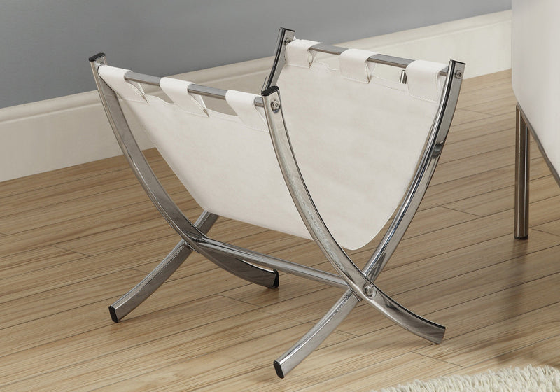 Magazine Rack - White Leather-Look / Chrome Metal - I 2036