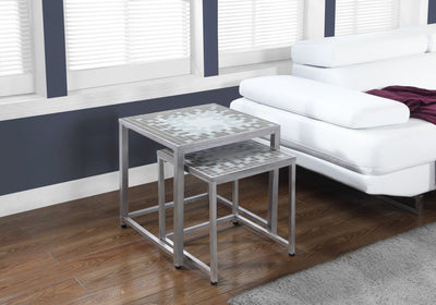 Nesting Table - 2Pcs Set / Grey / Blue Tile Top / Silver - I 3141