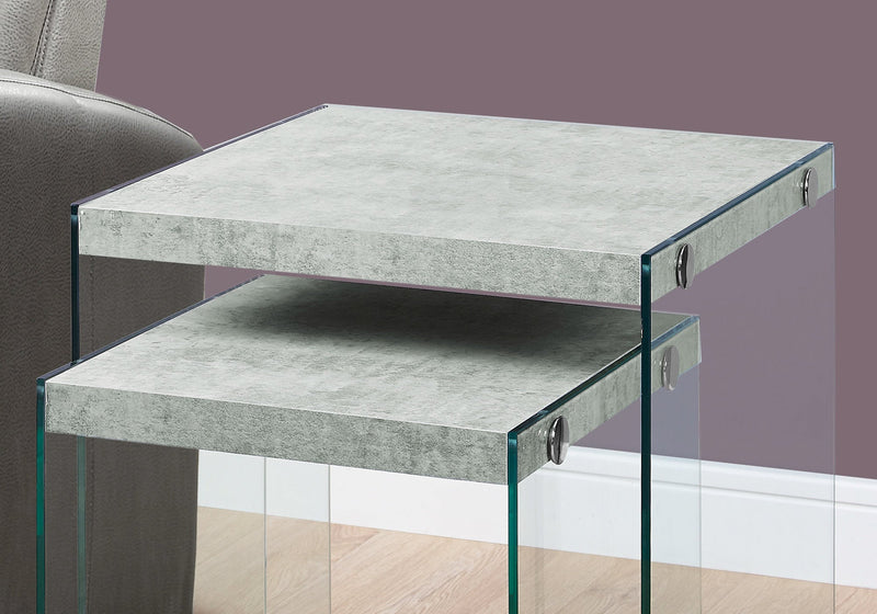 Nesting Table - 2Pcs Set / Grey Cement / Tempered Glass - I 3231