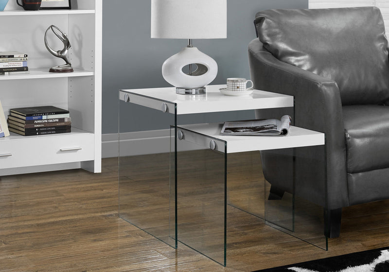 Nesting Table - 2Pcs Set / Glossy White / Tempered Glass - I 3287