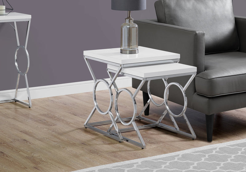 Nesting Table - 2Pcs Set / Glossy White / Chrome Metal