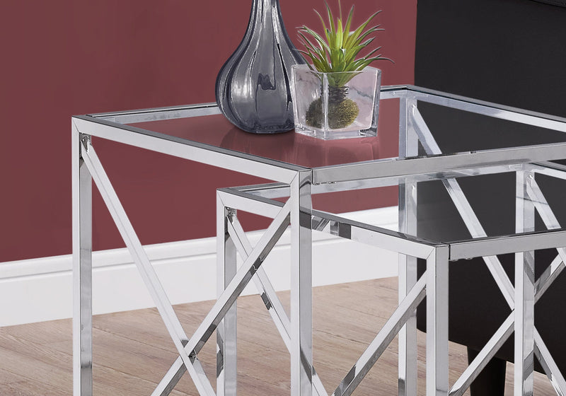 Nesting Table - 2Pcs Set / Chrome Metal W/ Tempered Glass - I 3441