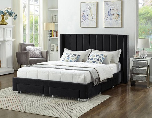 Black Velvet Winged Storage Bed with Vertical Tufting - IF-5313-Q