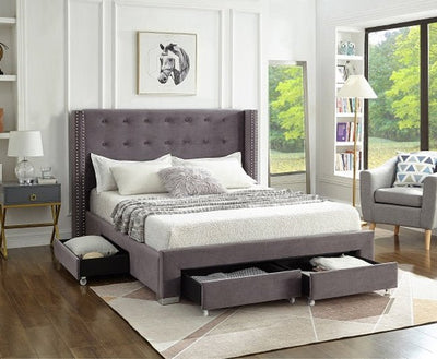 Grey Velvet Winged Storage Bed with Deep Tufting & Nailhead Trim - IF-5320-Q