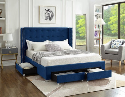 Blue Velvet Winged Storage Bed with Deep Tufting & Nailhead Trim - IF-5321-D