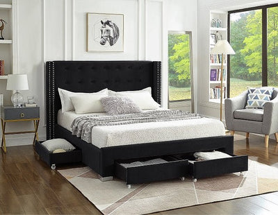 Black Velvet Winged Storage Bed with Deep Tufting & Nailhead Trim - IF-5323-Q