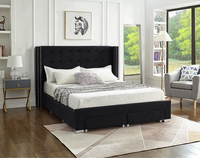 Black Velvet Winged Storage Bed with Deep Tufting & Nailhead Trim - IF-5323-Q