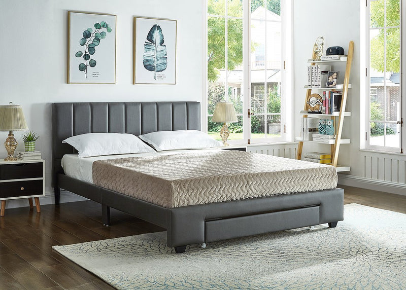 Grey Leatherette Bed with Padded Headboard and Storage Drawer - IF-5481-D-G