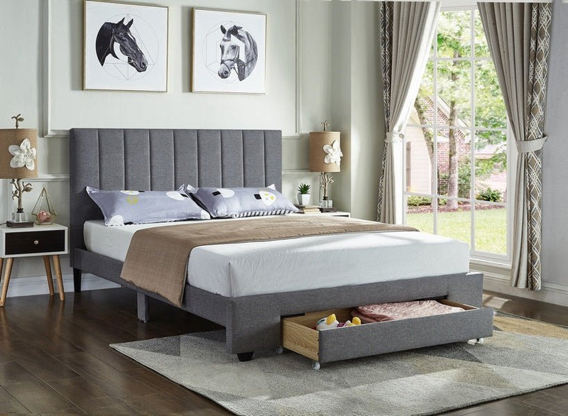 Grey Fabric Bed with Padded Headboard and Storage Drawer - IF-5483-D-G