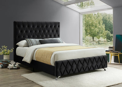 Black Velvet Bed with Diamond Pattern Button Details and Chrome Legs - IF-5671-Q-B