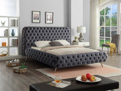 Grey Velvet Fabric Bed with Extra Deep Button Tufting and Sleek Chrome Leg - IF-5865-Q-G