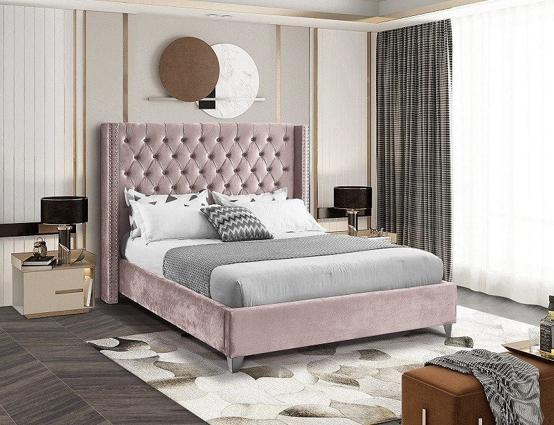 Dusty Pink Velvet Wing Bed with Deep Button Tufting and Nailhead Details - IF-5895-S-P