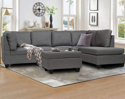 Julia Grey Linen Fabric Reversible Sectional w/ Storage Ottoman - IN-JULIA-GRY