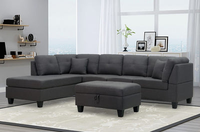 Grey Linen-Style Fabric Sectional With Storage Ottoman and Two Accent Pillows - T-1232-S