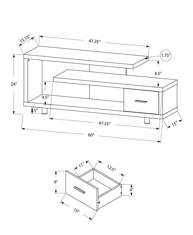 Tv Stand - 60"L / Black / Grey Top With 1 Drawer - I 2575